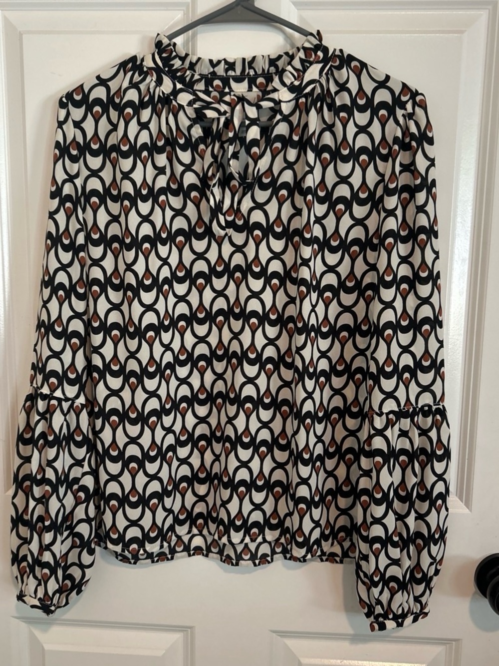 Worthington Geometric Tie-Neck Blouse in Black, Cream and Brown